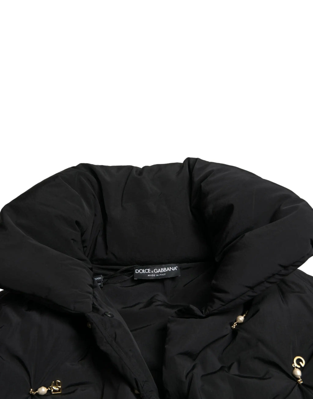 Veste bomber noire dolce gabbana en shell matelassé avec rembourrage doux et détails dorés à perles