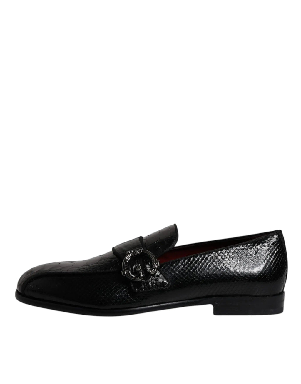 Dolce & gabbana mocassins noirs en cuir exotique avec texture serpent brillante et boucle dg métallique