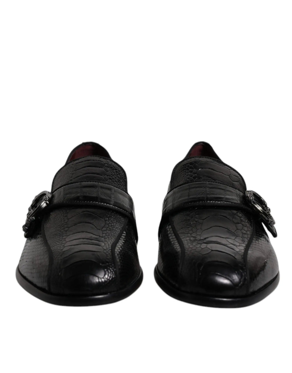 Dolce & gabbana mocassins noirs en cuir exotique effet serpent avec boucles métalliques logo dg pour tenue formelle