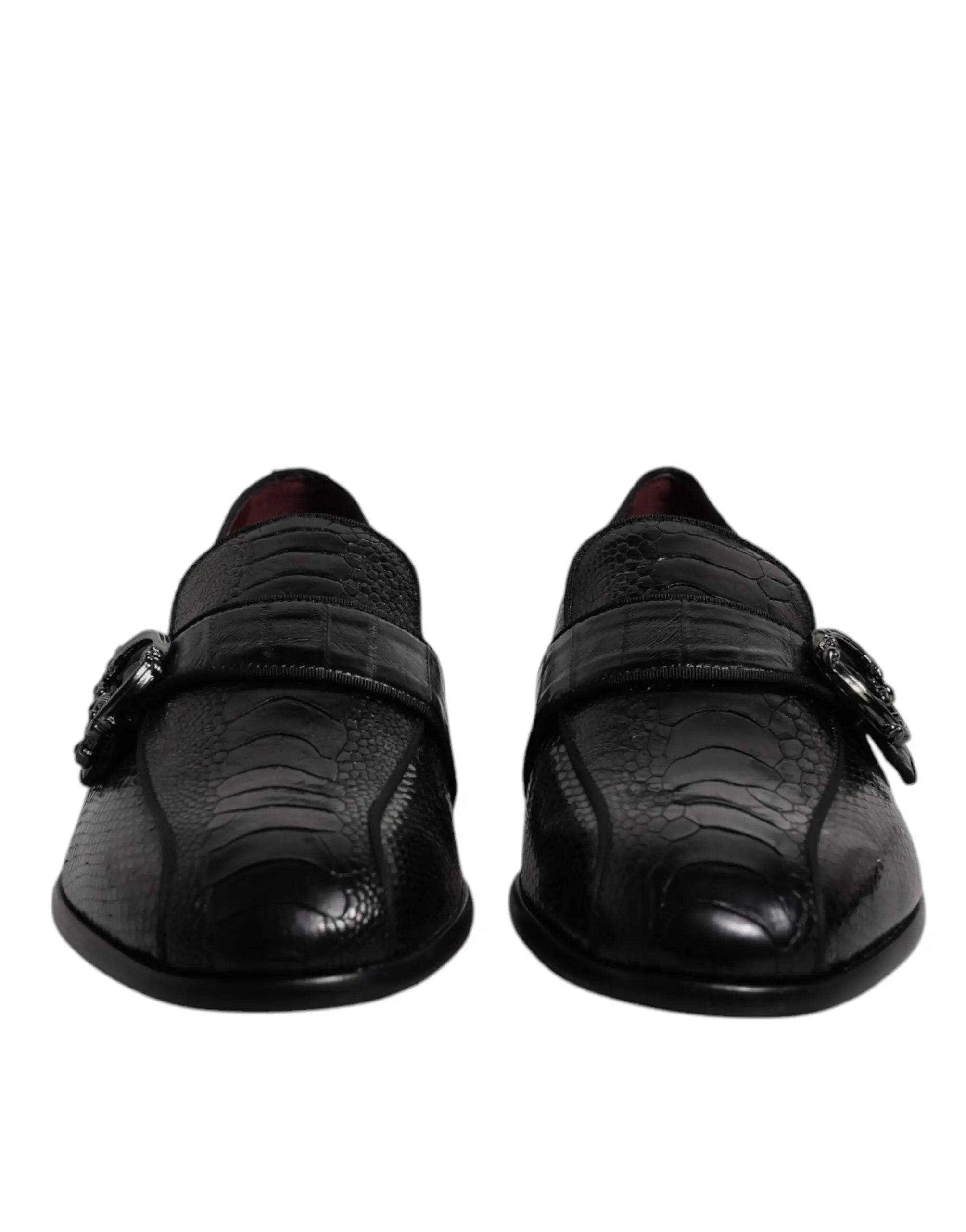 Dolce & gabbana mocassins noirs en cuir exotique effet serpent avec boucles métalliques logo dg pour tenue formelle