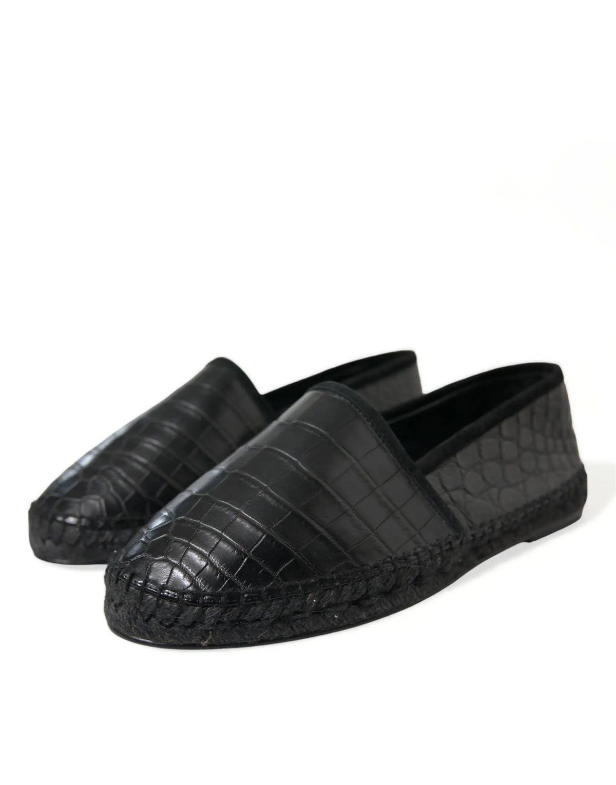 Dolce & gabbana espadrilles noirs en cuir exotique embossé crocodile avec semelle en jute tressé