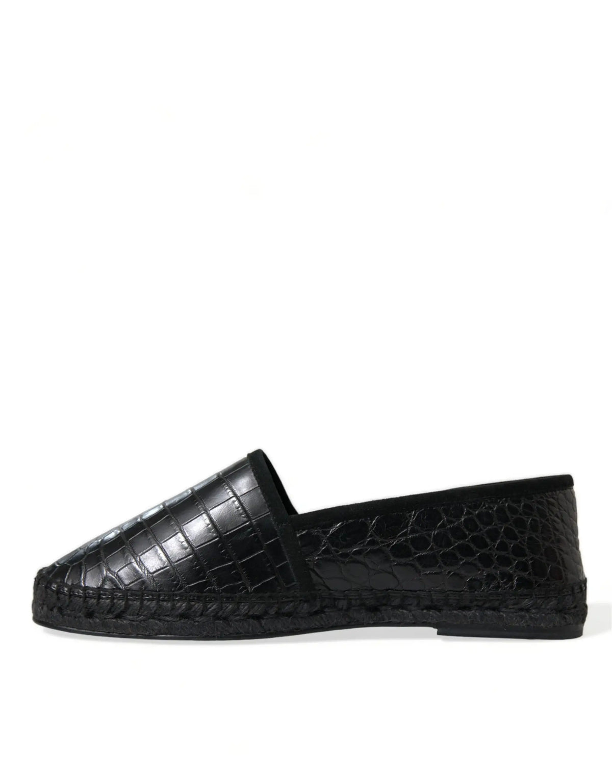 Dolce & gabbana espadrilles slip on noires en cuir exotique croco avec semelle tressée en jute
