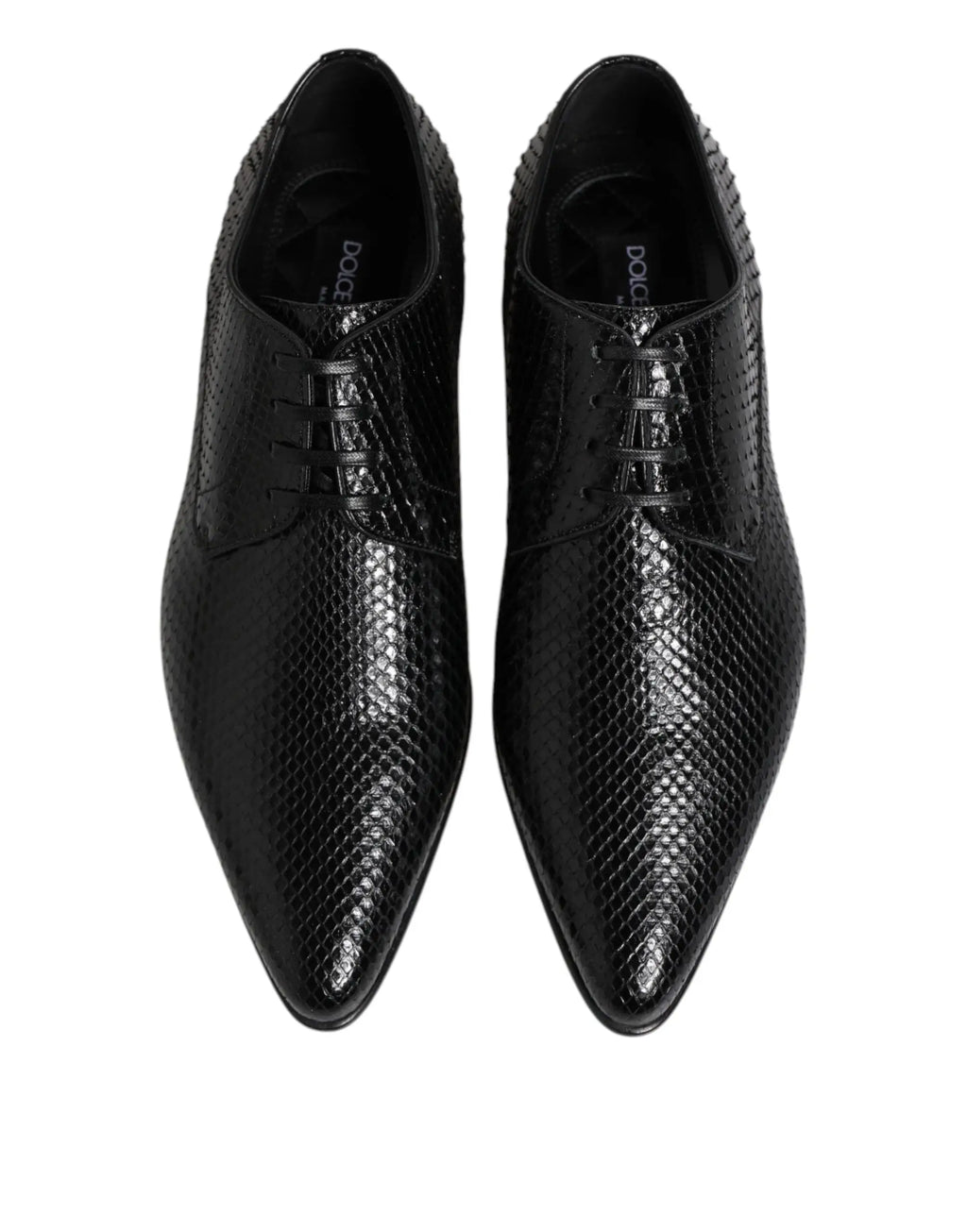 Dolce & gabbana chaussures derby homme en cuir exotique noir à lacets avec texture brillante effet peau de serpent pointues