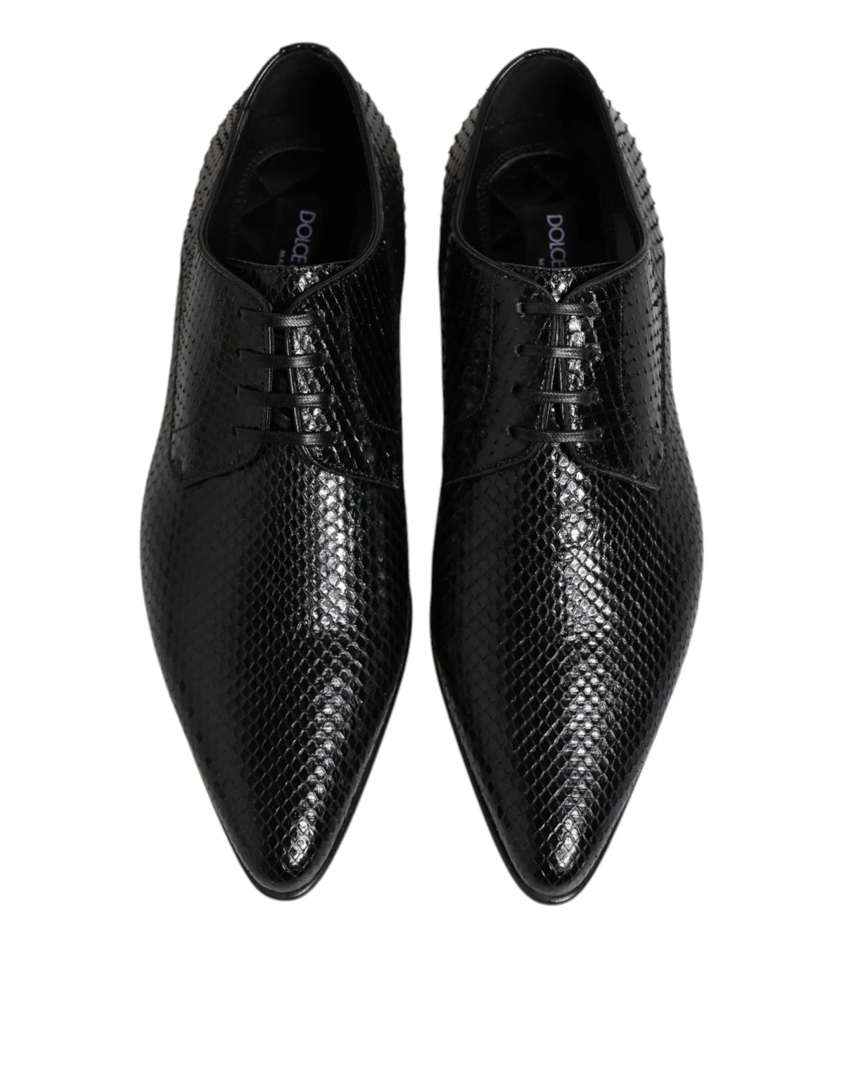 Dolce & gabbana chaussures derby homme en cuir exotique noir à lacets avec texture brillante effet peau de serpent pointues