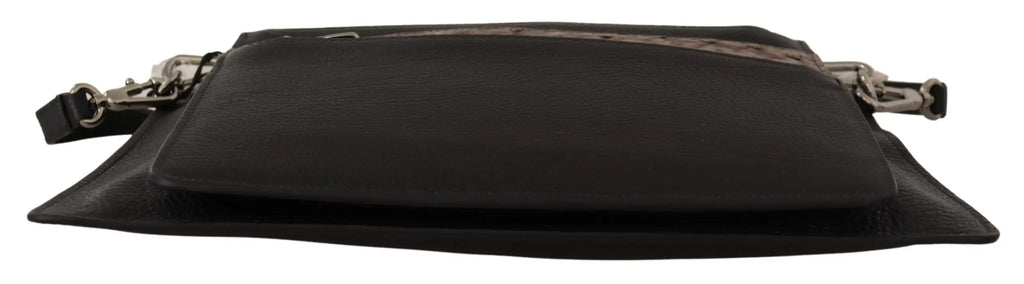 Dolce & gabbana sac bandoulière noir en cuir exotique avec fermoirs métalliques argentés et bordure à motif subtil