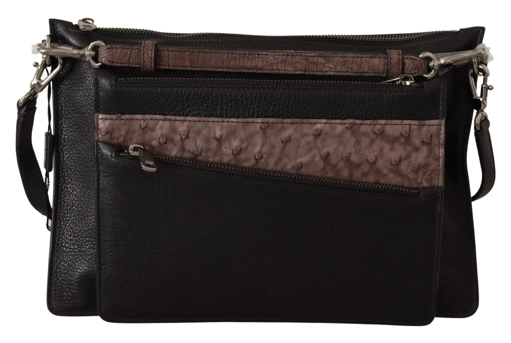 Dolce & gabbana sac bandoulière noir en cuir exotique avec panneau en cuir embossé autruche marron et ferrures argentées