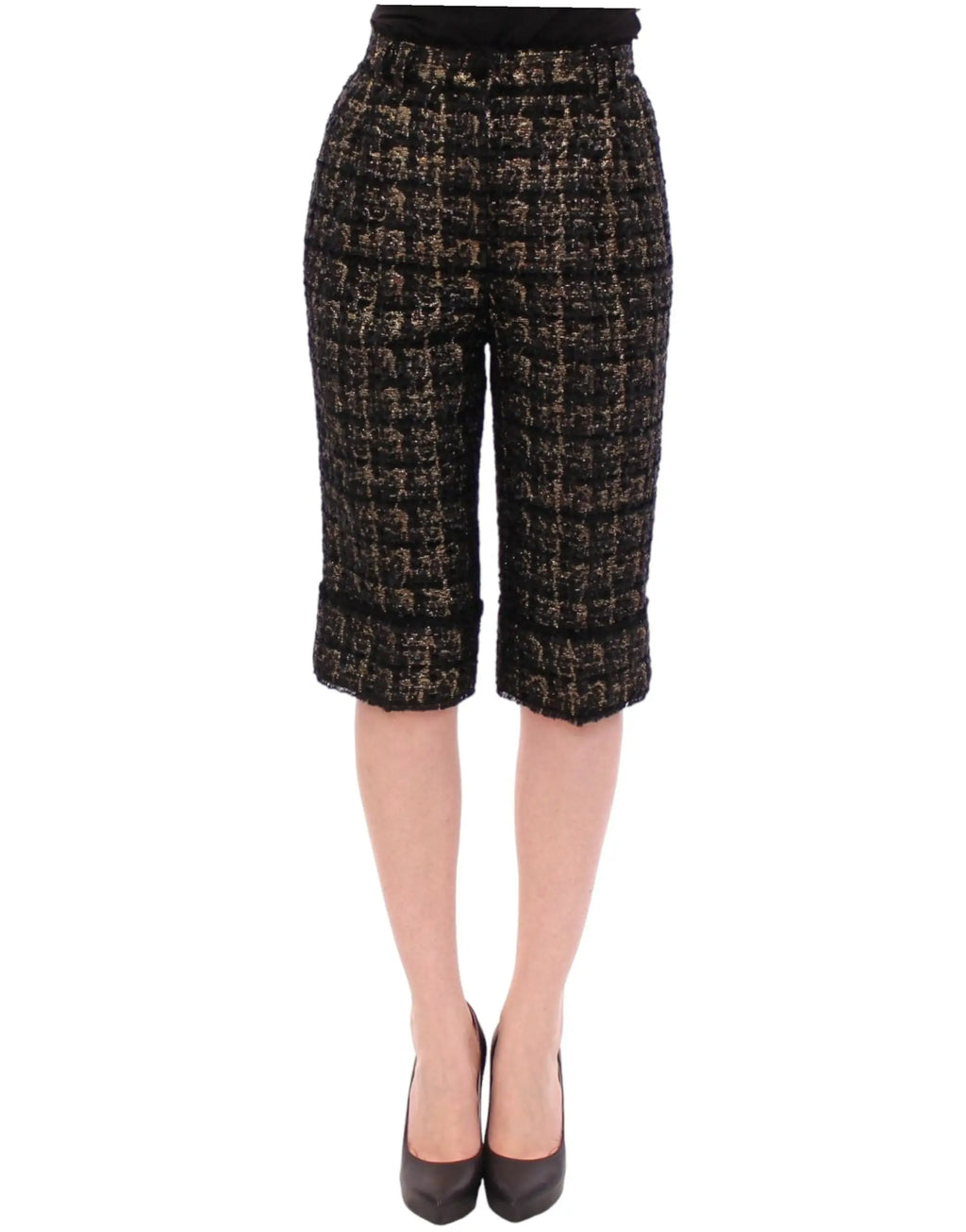 Dolce & Gabbana black and gold tweed capri pants with classic houndstooth pattern in fabric shorts style
