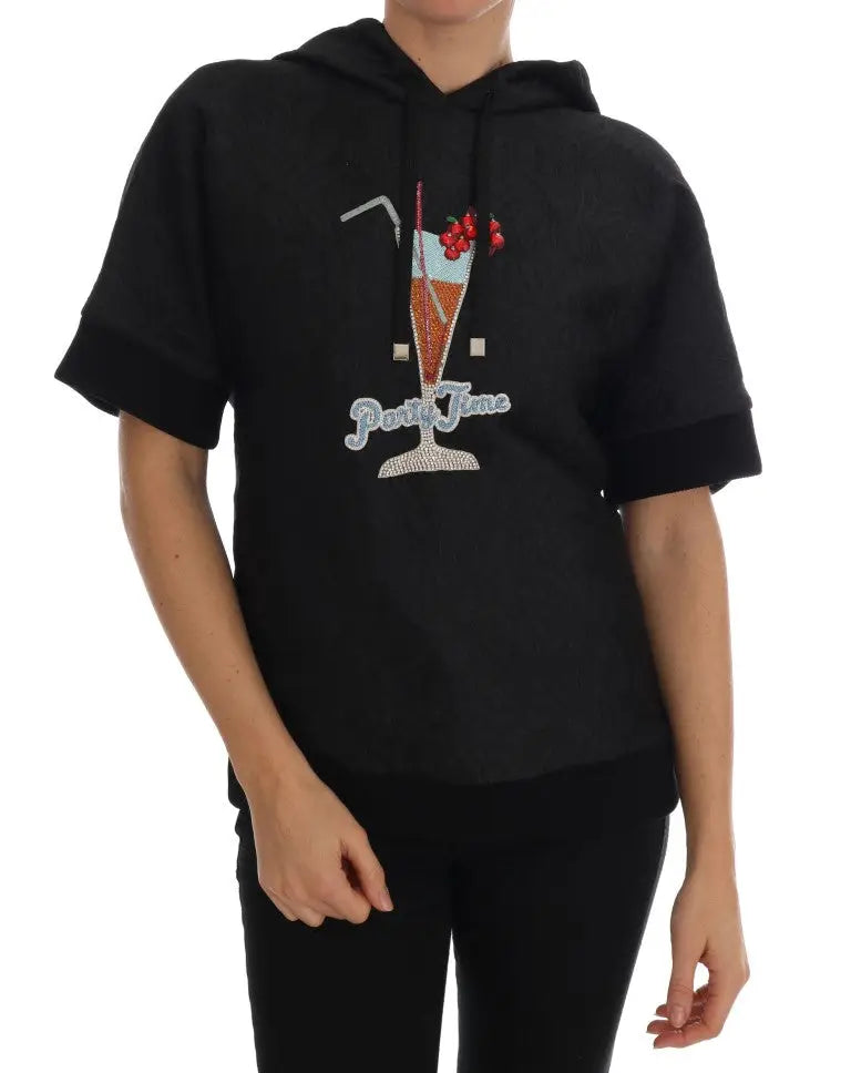 Dolce & gabbana sweat à capuche noir en coton avec broderie cocktail party time scintillante argent et rouge