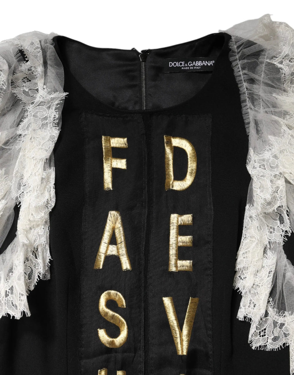 Robe mini dolce & gabbana noire avec lettres brodées or et manches en dentelle blanche élégante