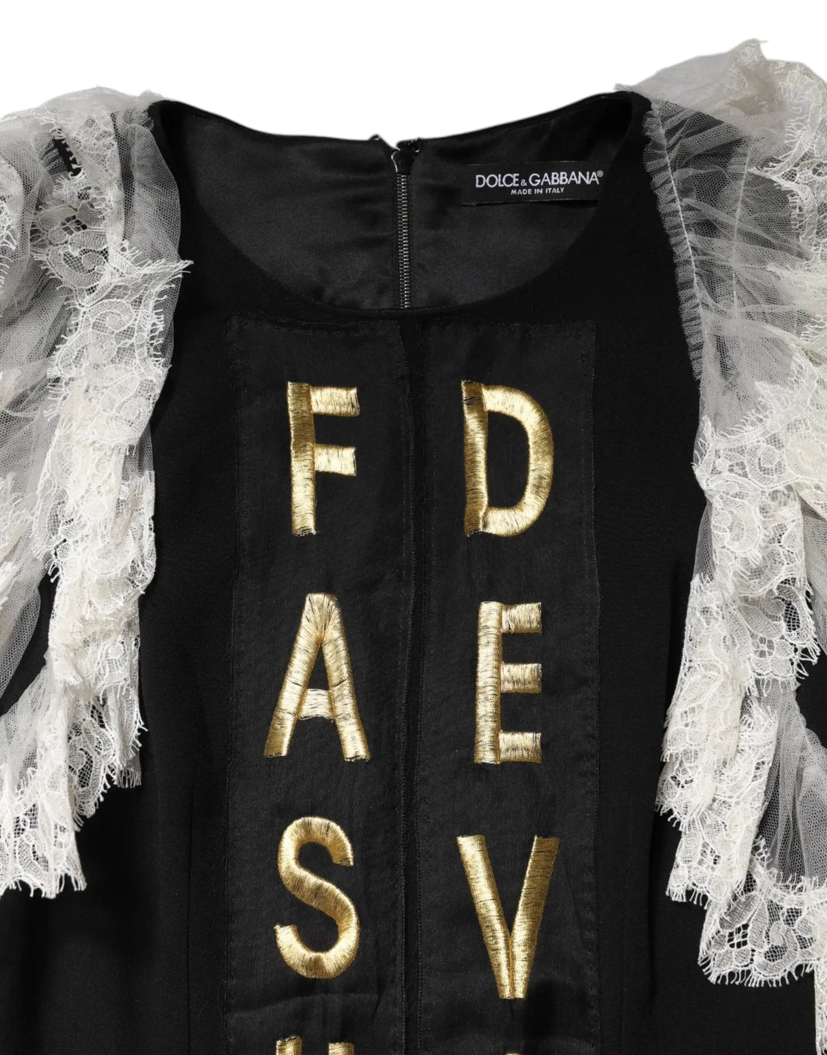 Robe mini dolce & gabbana noire avec lettres brodées or et manches en dentelle blanche élégante