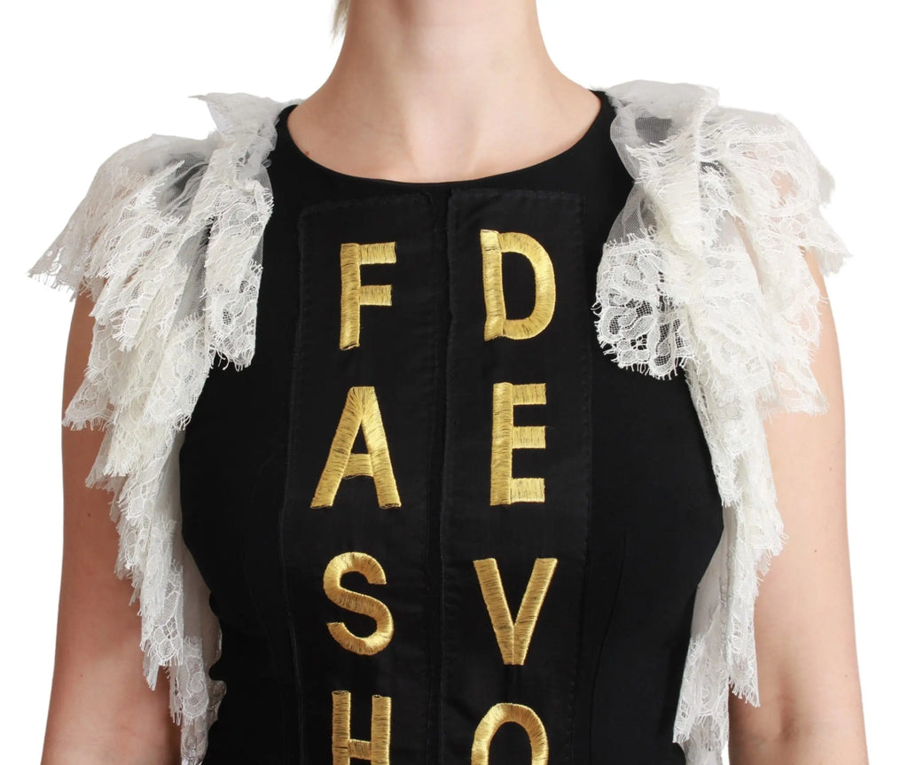 Robe noire dolce gabbana avec top sans manches orné de lettres brodées fashion et volants en dentelle blanche aux épaules