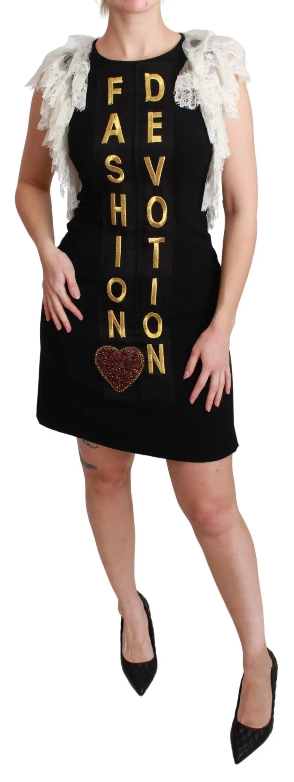 Robe noire Dolce & Gabbana sans manches avec lettrage doré fashion devotion et cœur pailleté, épaules en dentelle blanche
