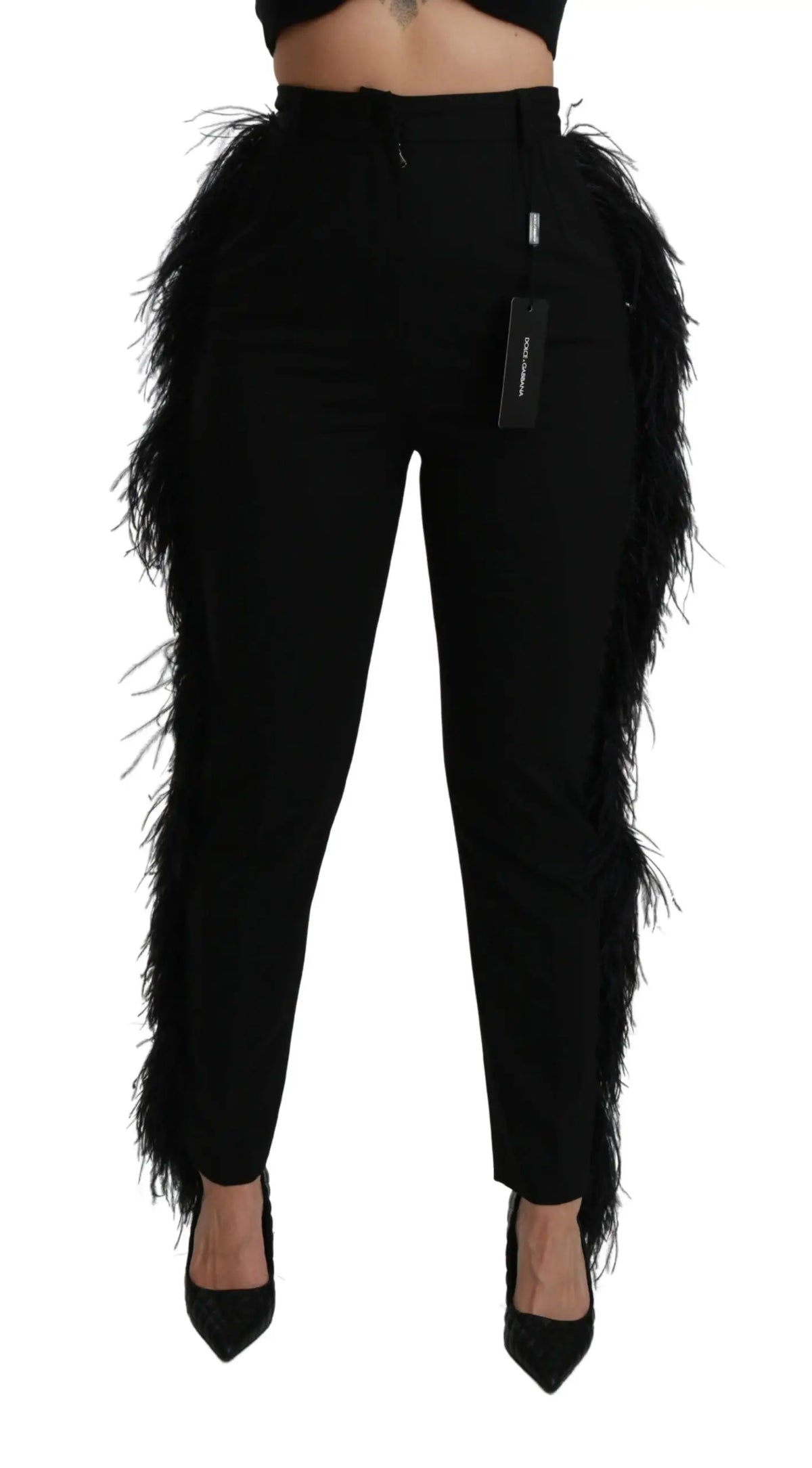 Pantalon droit noir dolce & gabbana taille haute en laine avec bordure de plumes longues sur les côtés extérieurs