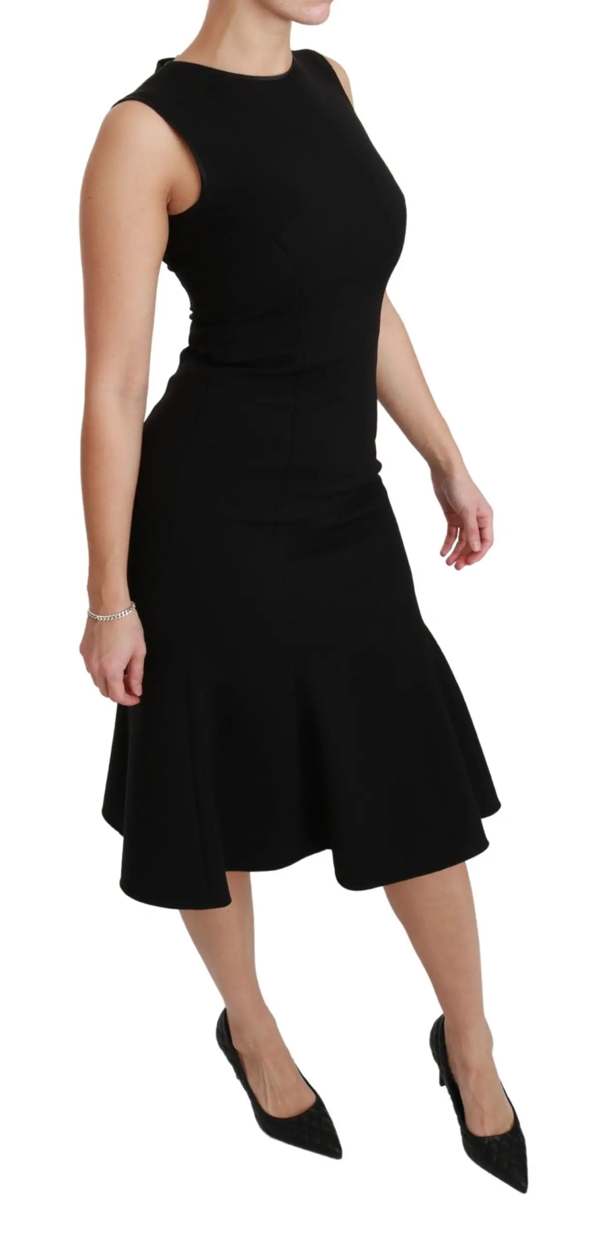 Robe noire sans manches dolce & gabbana en laine stretch ajustée avec jupe évasée et col montant