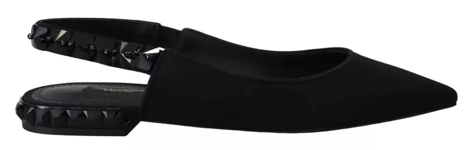 Dolce & gabbana black suede flats with pointed toe crystal slingback and studded ankle strap with textured sole