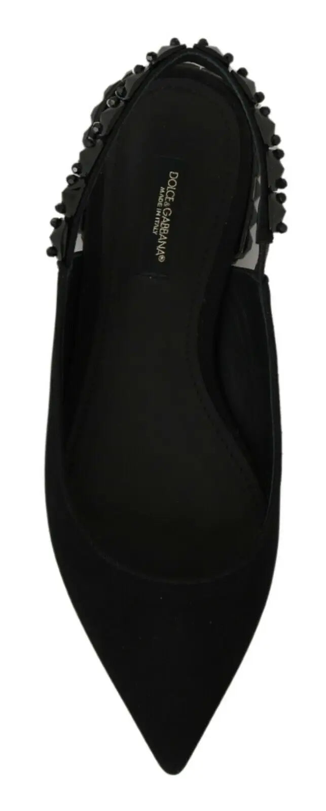 Dolce & gabbana escarpin slingback en suède noir avec détail perlé sur la lanière, chaussure plate charmeuse