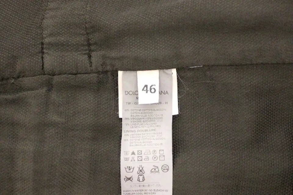 Étiquette de veste matelassée gris foncé dolce gabbana taille 46 avec instructions d entretien pour un blazer vest en lin noir coton