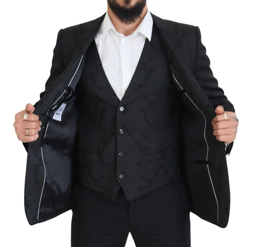 Veste de costume noire texturée dolce & gabbana avec motif floral brocart et doublure intérieure blanche visible
