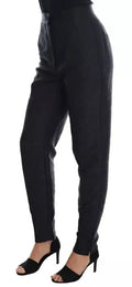 Pantalon taille haute noir dolce & gabbana en brocart floral avec coupe ajustée et coutures verticales subtiles