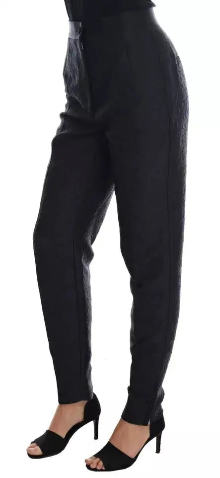 Pantalon taille haute noir dolce & gabbana en brocart floral avec coupe ajustée et coutures verticales subtiles