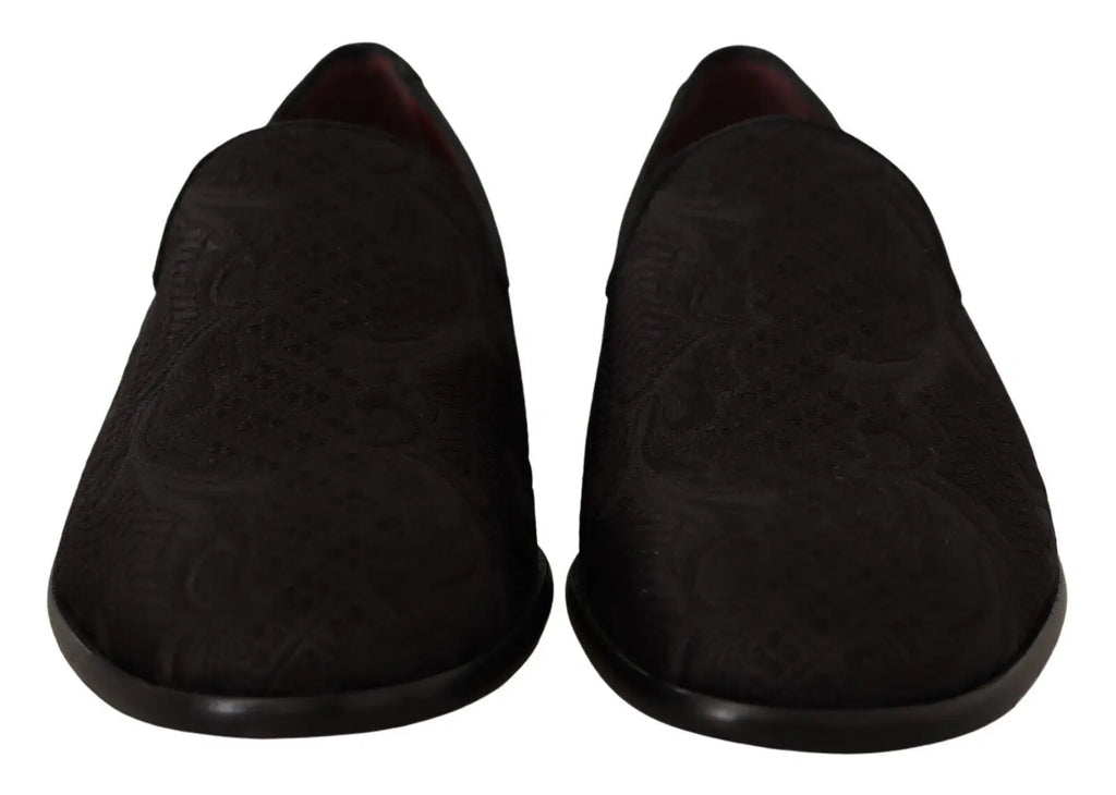 Dolce & gabbana mocassins noirs en daim avec motif floral embossé et doublure rouge foncé