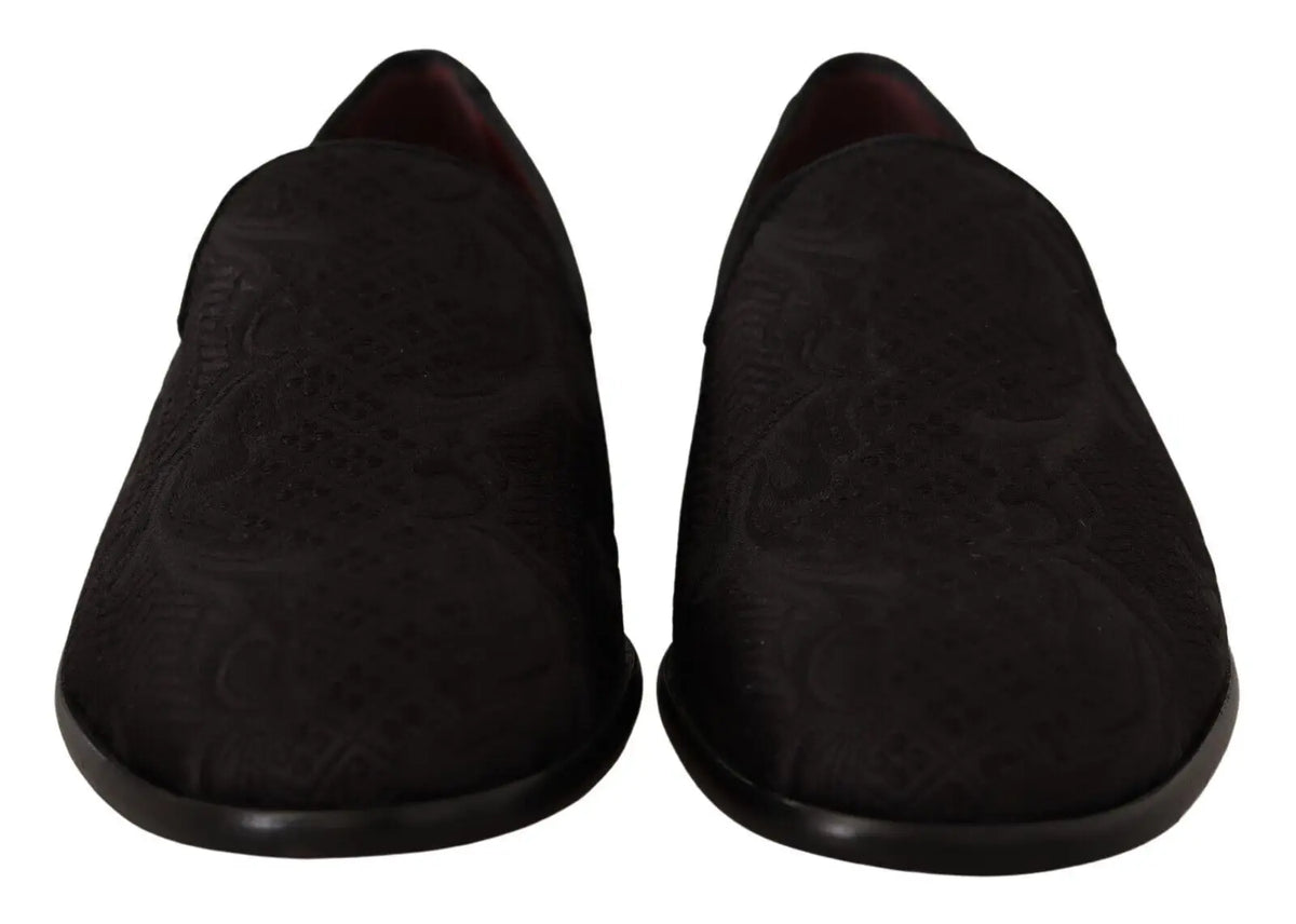 Dolce & gabbana mocassins noirs en daim avec motif floral embossé et doublure rouge foncé