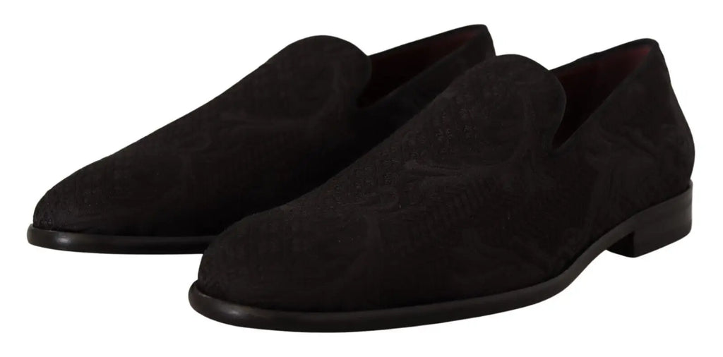 Dolce & gabbana mocassins noirs en daim brocart floral avec motif embossé subtil et talons blocs bas