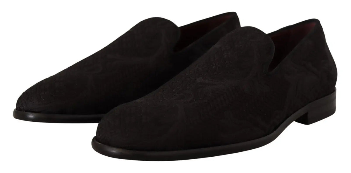 Dolce & gabbana mocassins noirs en daim brocart floral avec motif embossé subtil et talons blocs bas