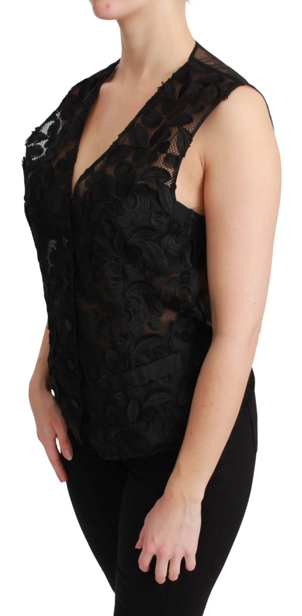 Top sans manches en dentelle noire dolce & gabbana avec broderie florale et col en v en brocart floral