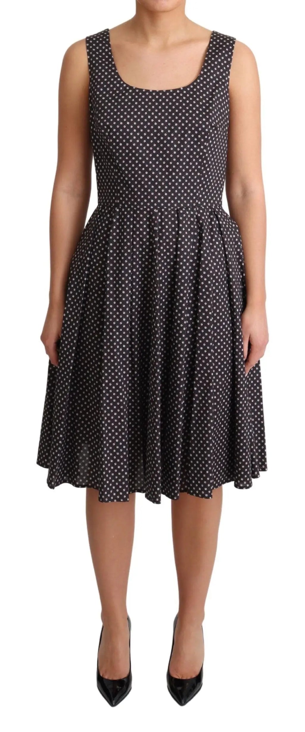 Robe a ligne noire dolce gabbana en coton stretch avec pois blancs et jupe évasée