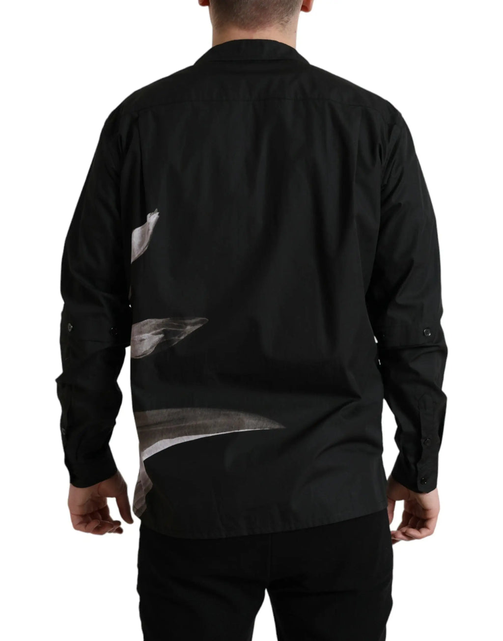 Vue arrière de chemise homme dolce & gabbana noire en coton à col avec manches longues et design graphique abstrait gris et blanc