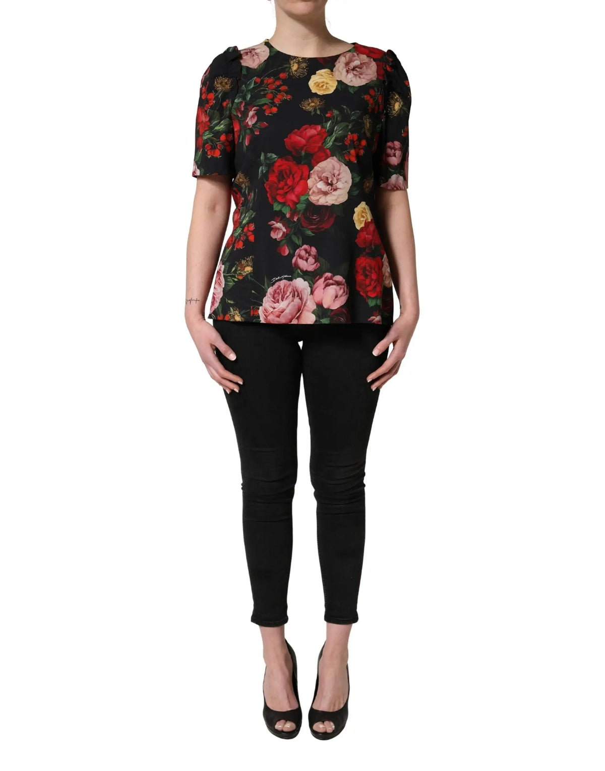 Dolce & Gabbana blouse top en crêpe noir à imprimé floral avec manches bouffantes et bas peplum