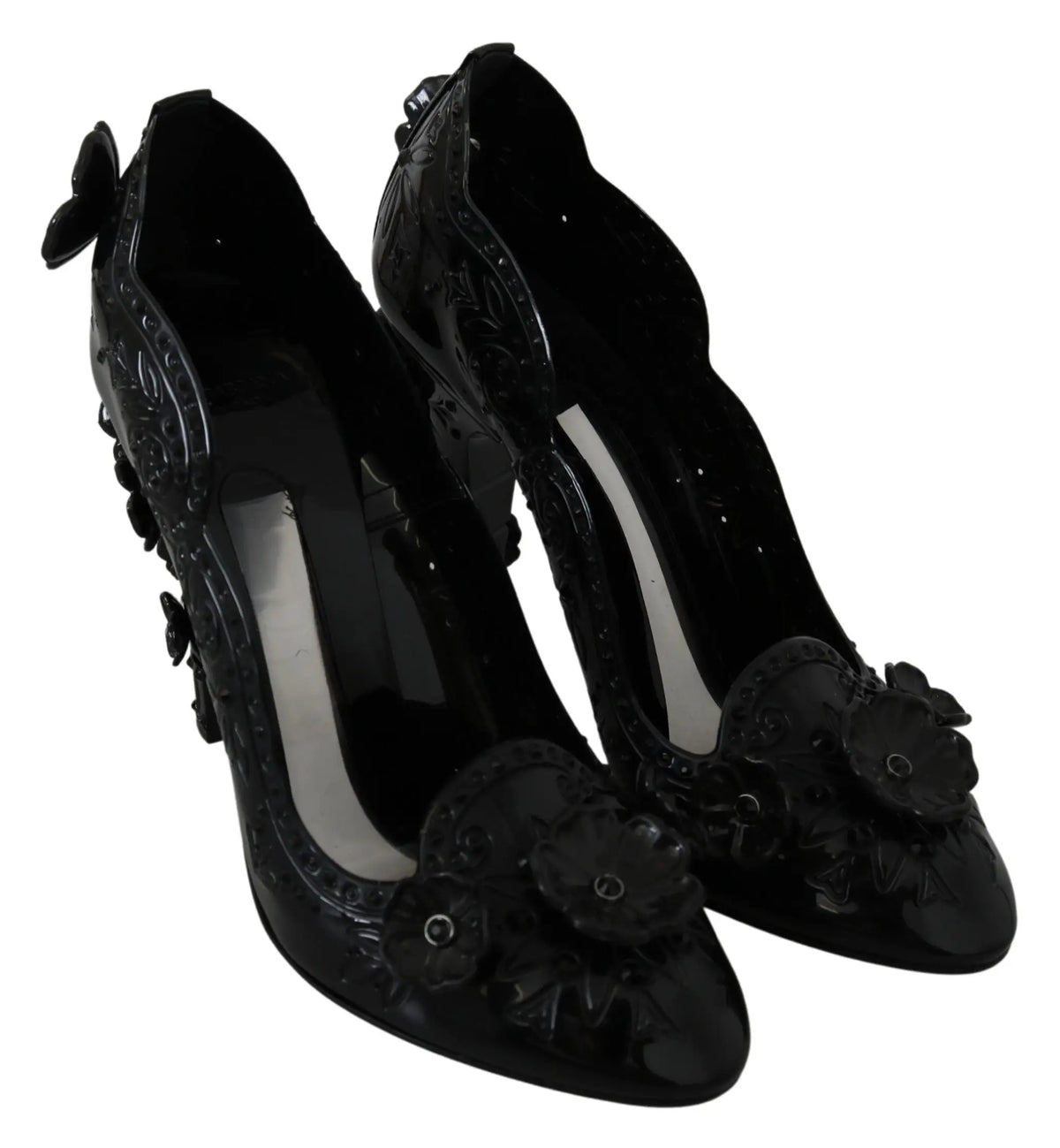 Dolce & gabbana escarpins noirs en cuir verni avec motifs floraux et détail papillon sur le côté