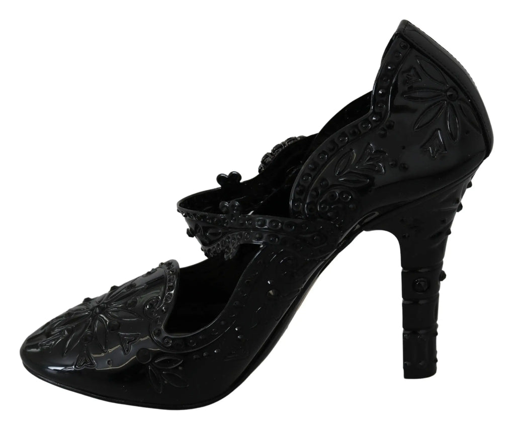 Escarpin noir dolce & gabbana avec motifs floraux embossés et détails en perles style cinderella