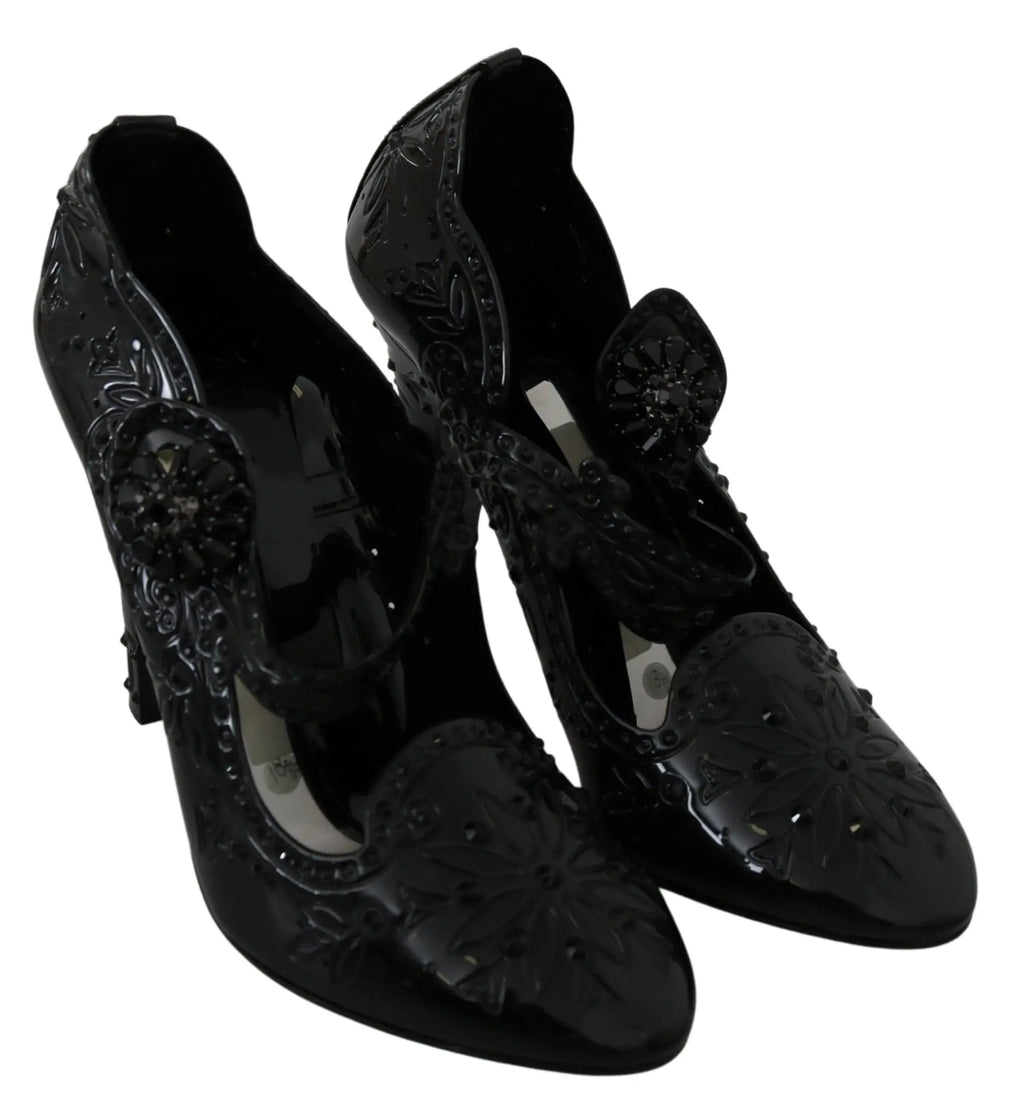 Chaussures à talons dolce & gabbana noires en cuir verni avec embossage floral et accents de cristaux décoratifs