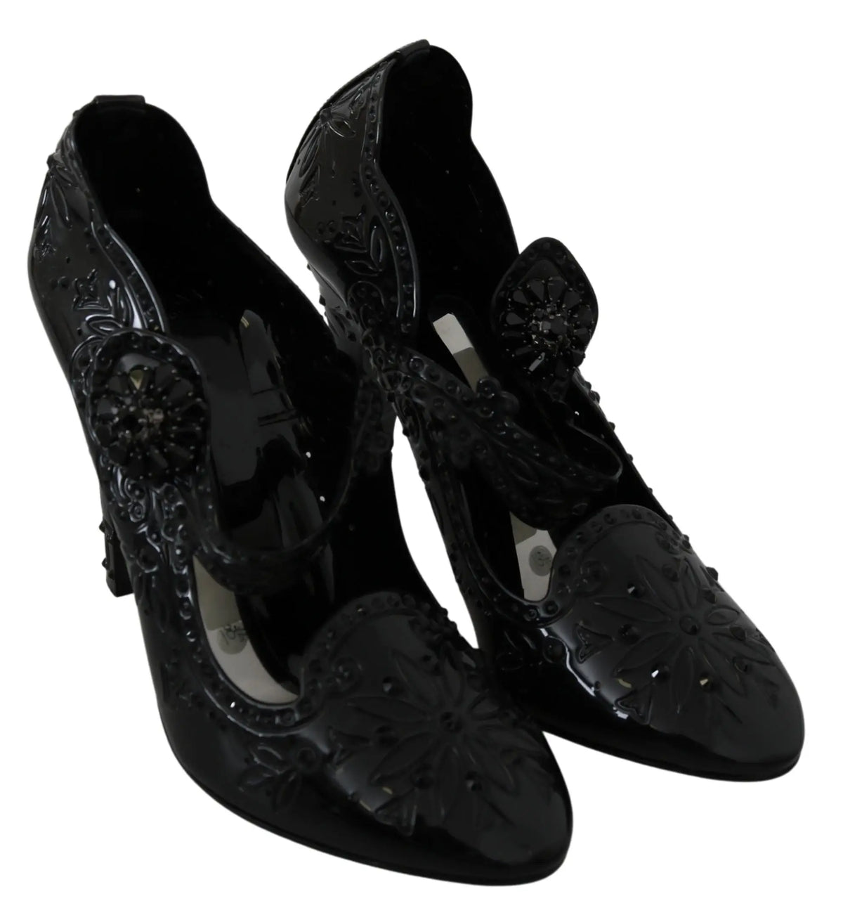 Chaussures à talons dolce & gabbana noires en cuir verni avec embossage floral et accents de cristaux décoratifs