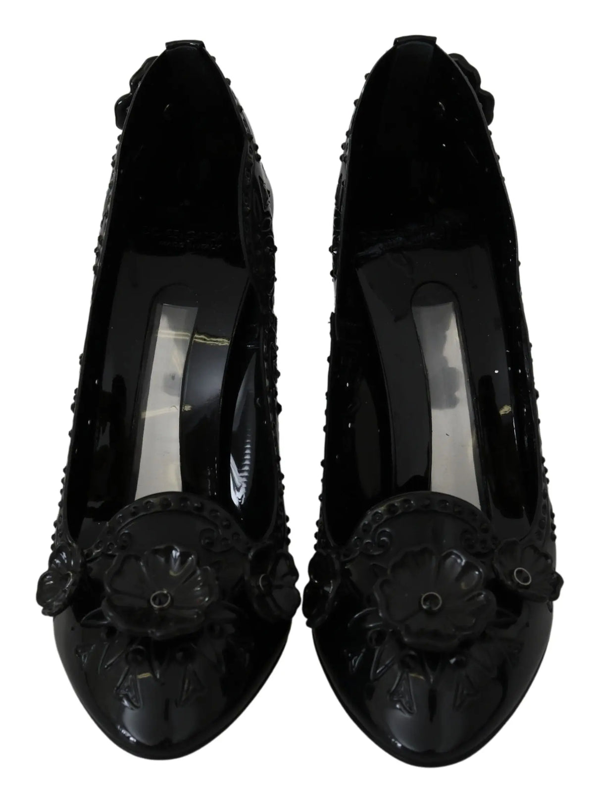 Dolce & gabbana escarpins cinderella noirs en cuir verni avec ornements floraux en cristal sur le bout