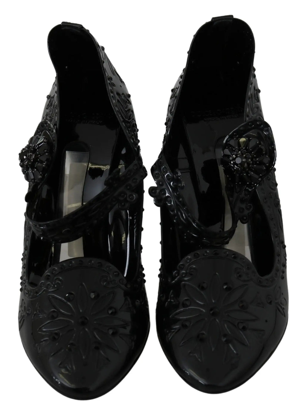 Dolce & gabbana escarpins cinderella noirs en cuir verni avec embossage floral et détails perlés décoratifs