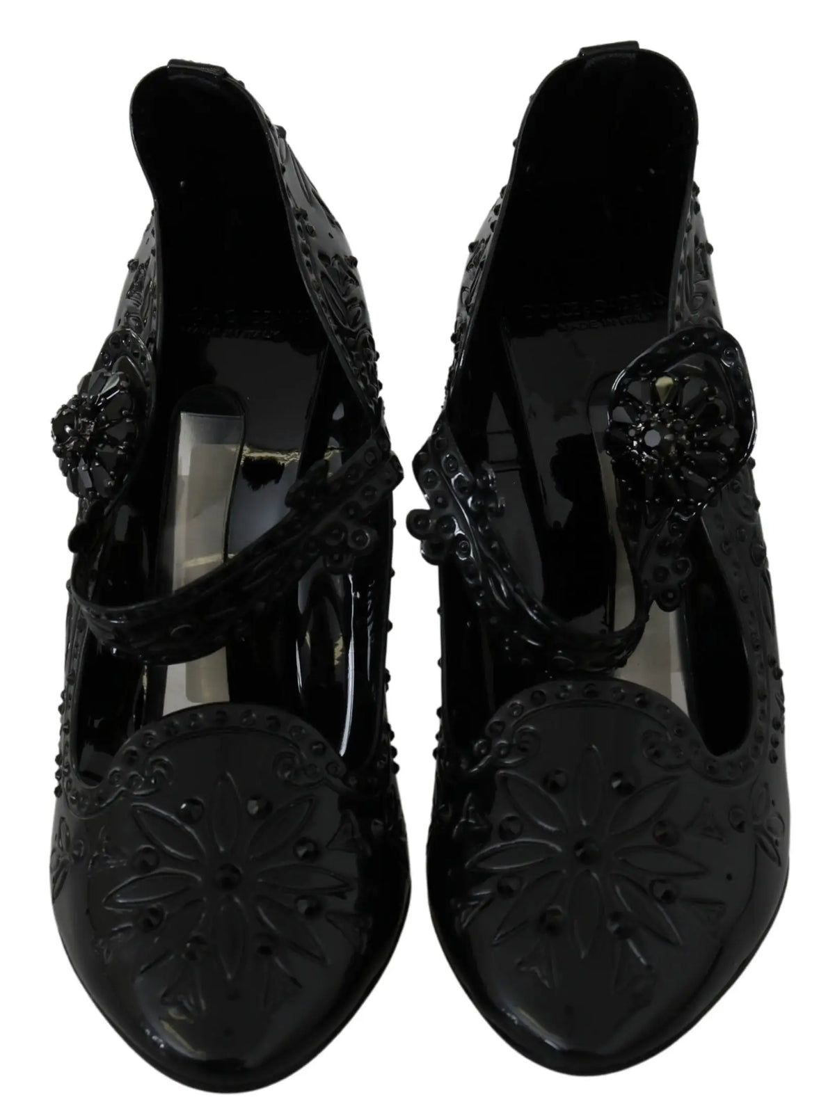 Dolce & gabbana escarpins cinderella noirs en cuir verni avec embossage floral et détails perlés décoratifs