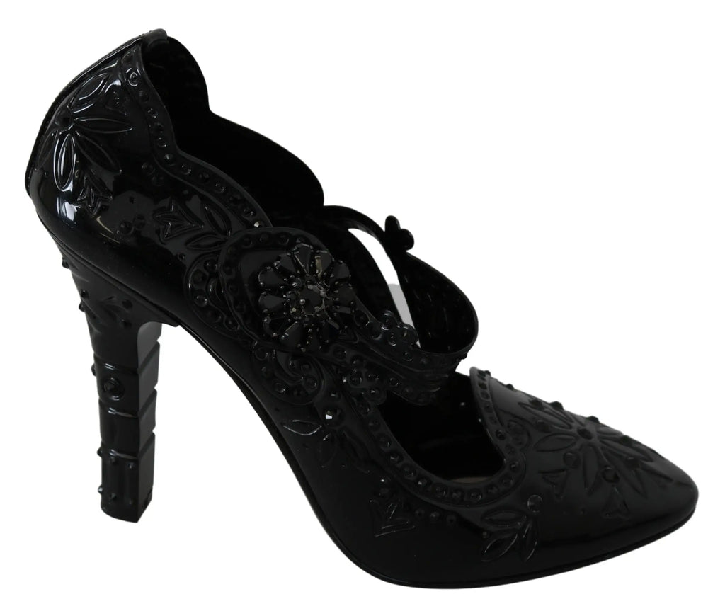 Dolce & gabbana escarpins mary jane en cuir verni noir avec embossage floral et boucle décorée de cristaux
