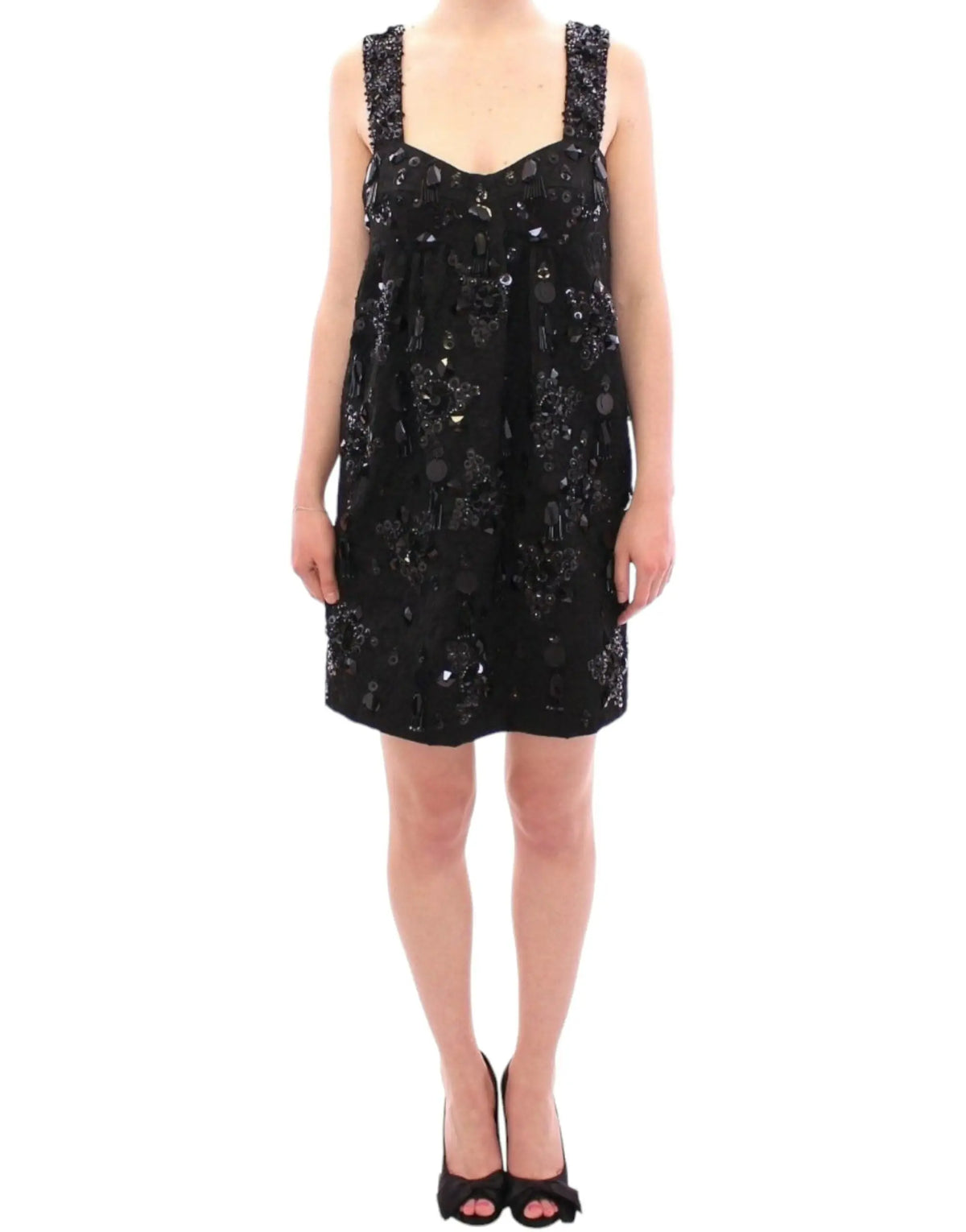 Dolce & Gabbana robe noire sans manches en sequins avec embellissements floraux et bretelles perlées