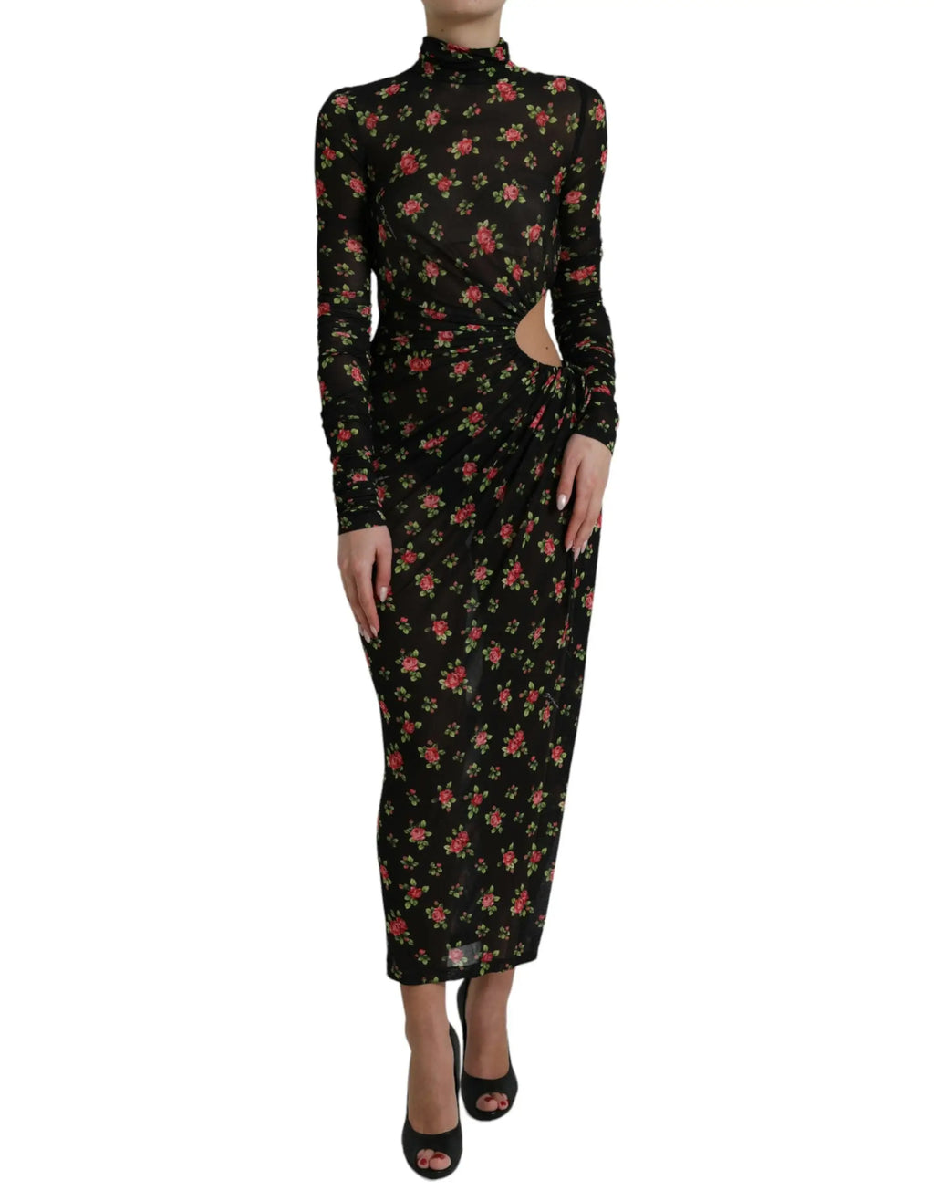Dolce & gabbana robe midi noire fleurie en tissu léger avec manches longues et col haut adaptée aux occasions élégantes
