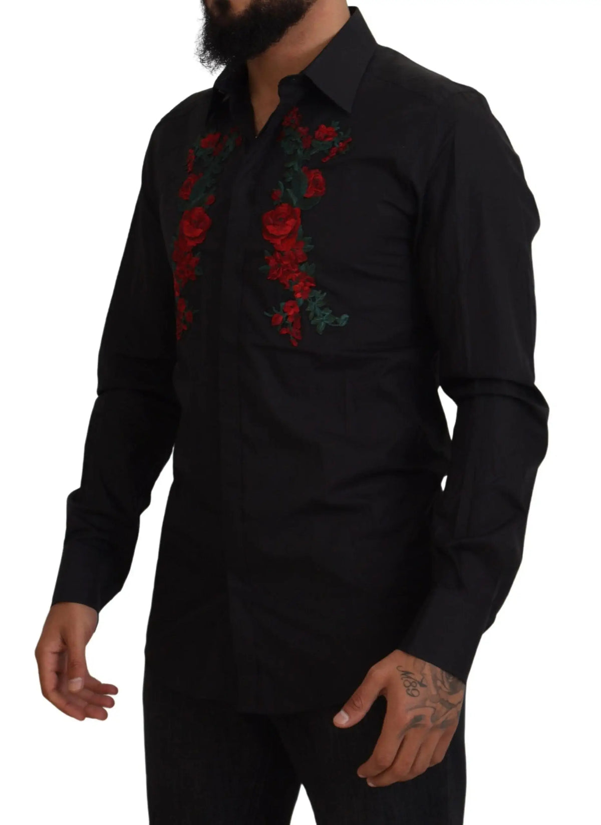 Chemise noire dolce & gabbana pour homme à manches longues avec broderie florale rouge et verte vibrante sur la poitrine