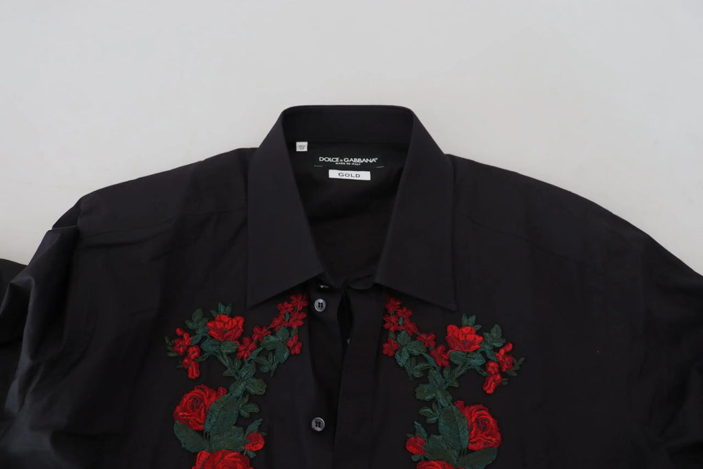 Chemise homme noire dolce & gabbana en coton avec broderie florale rouge et feuilles vertes sur le devant