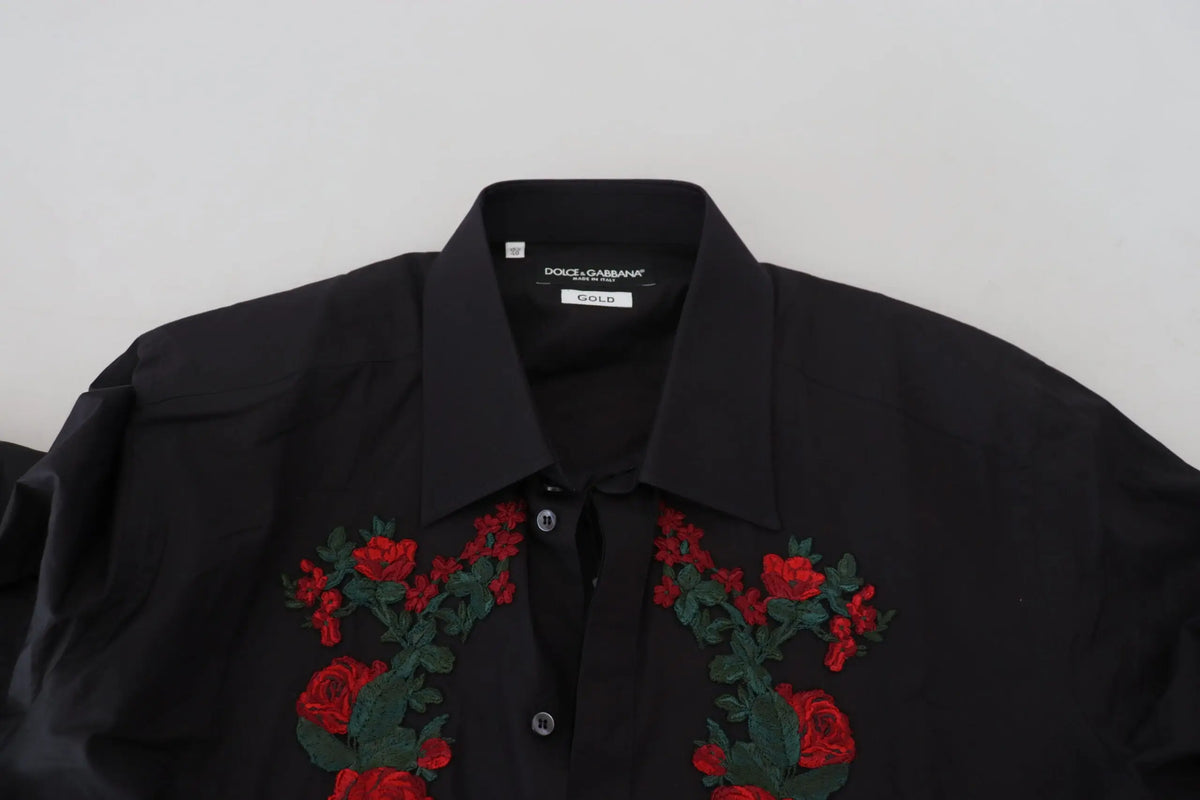 Chemise homme noire dolce & gabbana en coton avec broderie florale rouge et feuilles vertes sur le devant