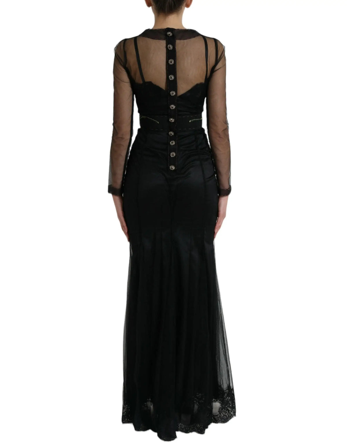 Robe sirène en satin noir dolce & gabbana avec manches longues transparentes et bordure en dentelle au bas
