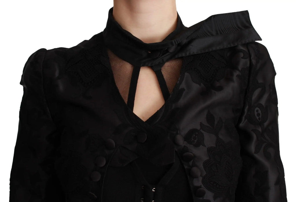 Blouse noire en satin dolce & gabbana avec encolure en mesh transparent et broderie florale