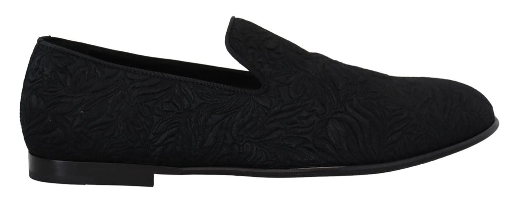 Dolce & gabbana mocassins noirs en jacquard floral en daim avec motif embossé élégant
