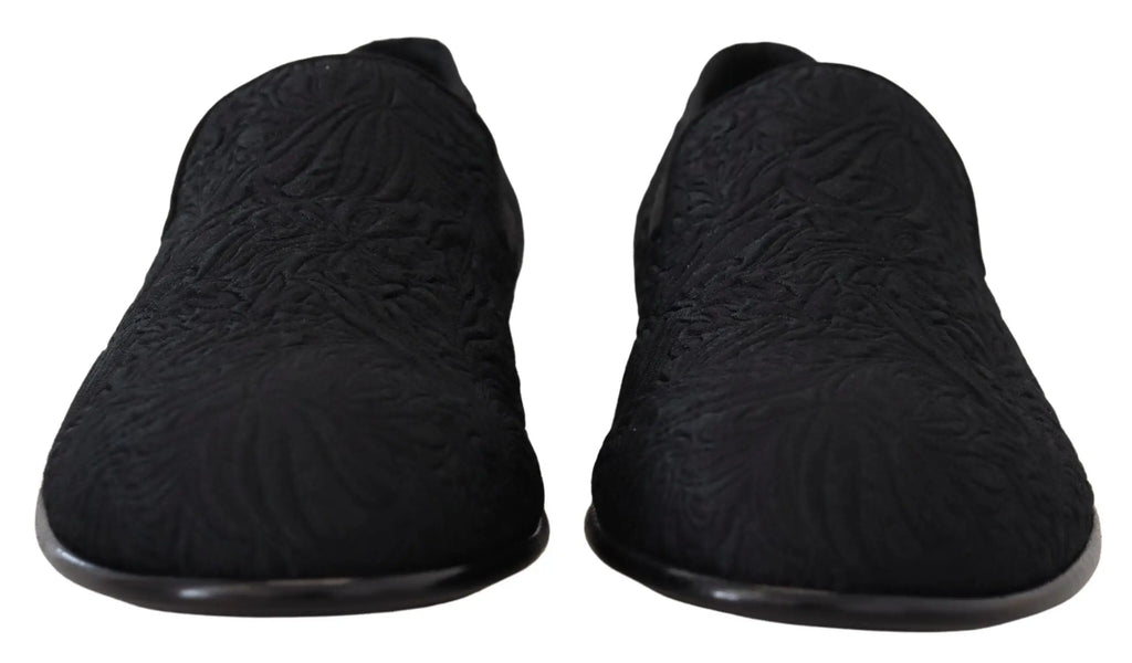 Dolce & gabbana mocassins noirs en jacquard floral avec dessus brodé texturé et semelles noires en caoutchouc brillant