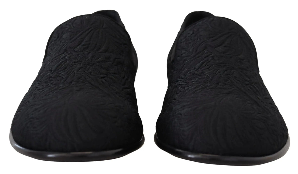 Dolce & gabbana mocassins noirs en jacquard floral avec dessus brodé texturé et semelles noires en caoutchouc brillant